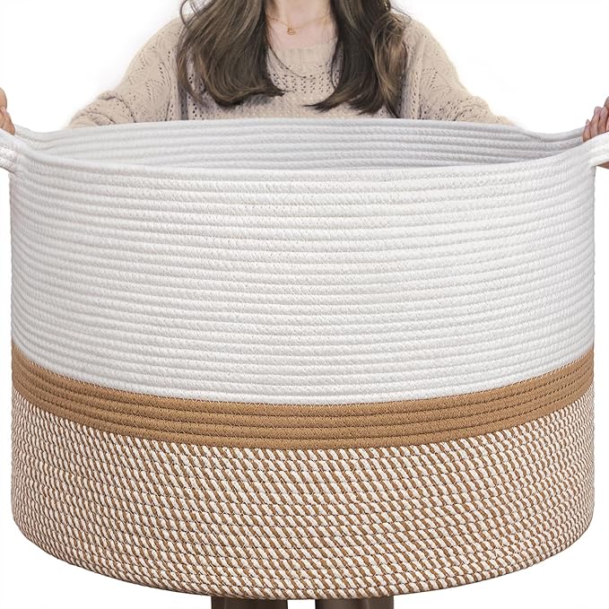 INDRESSME XXXLarge Cotton Rope Basket 21.7" x 21.7" x 13.8" Woven Baby laundry Blanket Basket for Home Decor Living Room Nurs