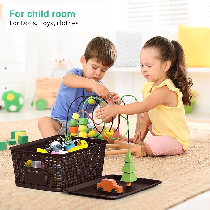 8-Pack Brown Plastic Storage Baskets with Lids, Label Organizers, Stackable Organizer Containers: For Organizing Shelves, Dra