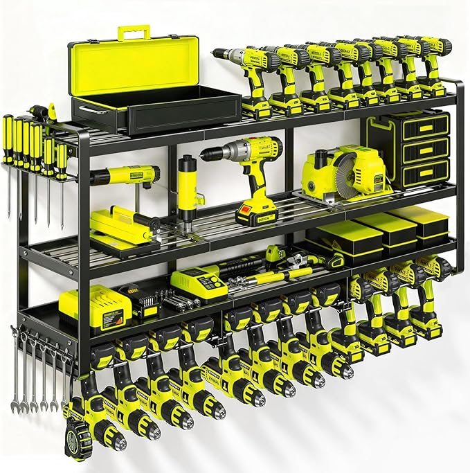 49" Heavy Duty Wall Mount Power Tool Organizer, 4-Tier Storage Rack with 12 Drill Holders & Battery Shelves, 600LBS Capacity 