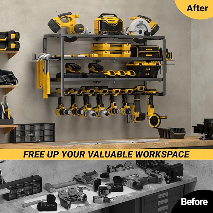 YYR 4 Layer Power Tool Organizer Wall Mount, Cordless Drill Hanger Storage Rack, Battery Tools Holder with Charging Station S