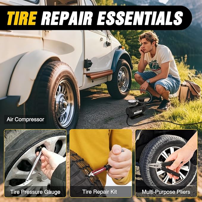 Nilight Car Emergency Kit with Jumper Cable Air Compressor Tire Repair Essential Tools First Aid Alligator Connector Electric