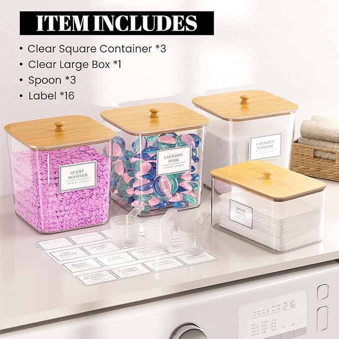 HomePekite Laundry Pods Storage Container, Clear Laundry Room Organization and Storage,Detergent Powder Container,with Wooden