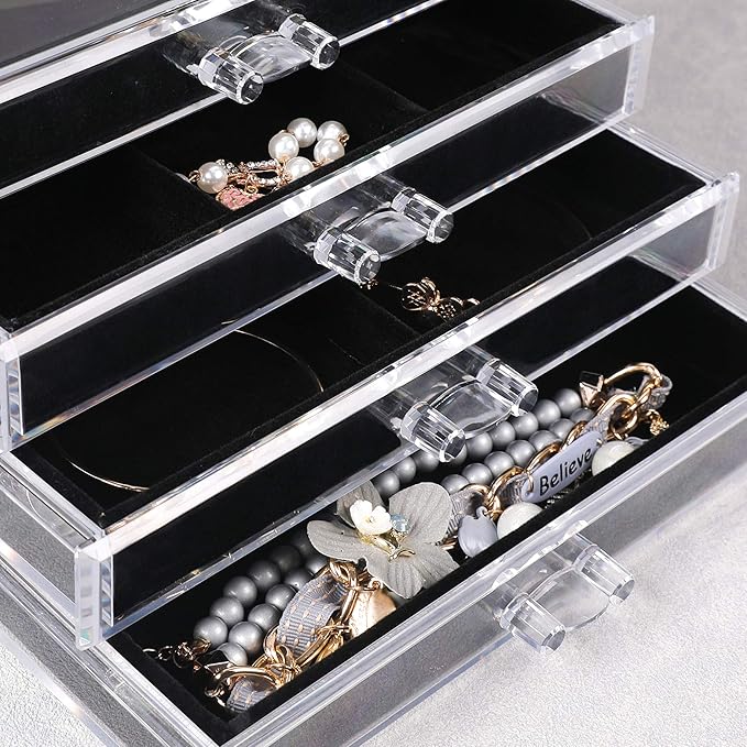 Frebeauty Extra Large Acrylic Jewelry Box for Women 5 Layers Clear Jewelry Organizer Velvet Earring Box with 5 Drawers Rings 