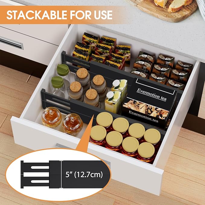 Bamboo Drawer Dividers Organizers, Kitchen Drawer Organizer, Adjustable Drawer Divider for Clothes, Kitchen, Dresser, Bedroom