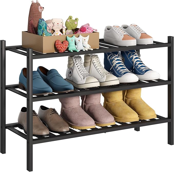 BMOSU 3-Tier Bamboo Shoe Rack Premium Stackable Shoe Shelf Storage Organizer for Hallway Closet Living Room Entryway Organize