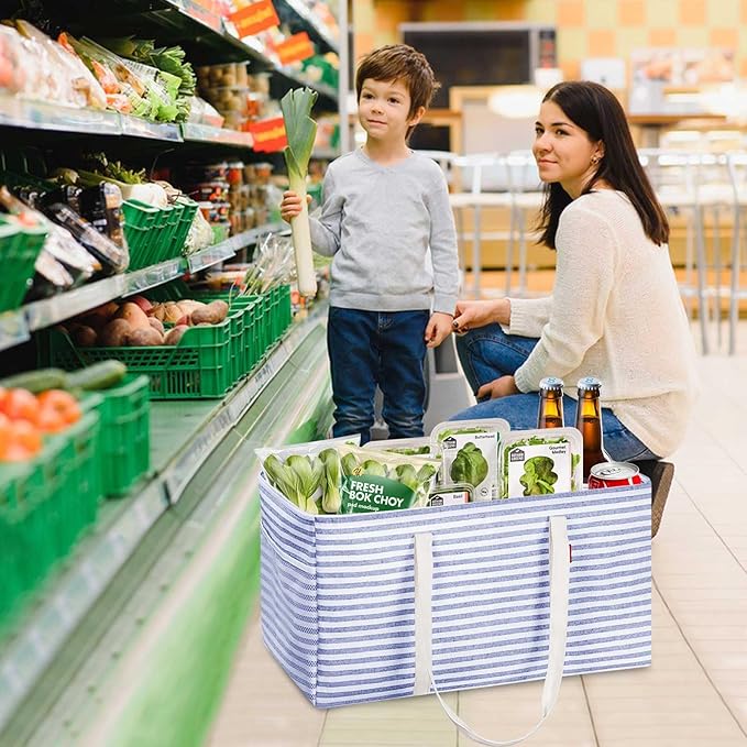 LHZ.K Standing Extra Large Utility Tote Bag 2 Pack, Foldable Reusable Grocery Bags with Metal Wire Frame & Hard Bottom Board