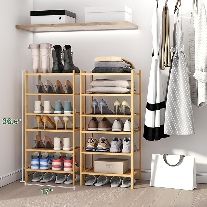 kiplant 6-Tier Small Bamboo Shoe Rack for Entryway, Stackable | Foldable | Natural, Shoe Organizer for Hallway Closet, Free S