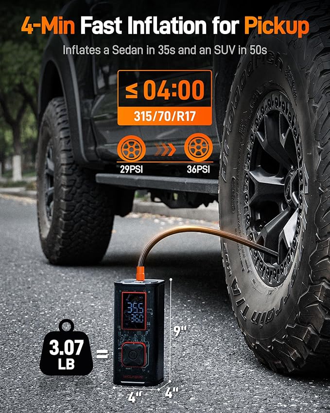 WOLFBOX 150PSI Heavy Duty Tire Inflator Portable Air Compressor,Double- cylinder 45LPM Fast Air Pump for Car Tires,3.5'' LED Display,20'' Hose,Air Compressor for Car,Pickup Truck,Bike