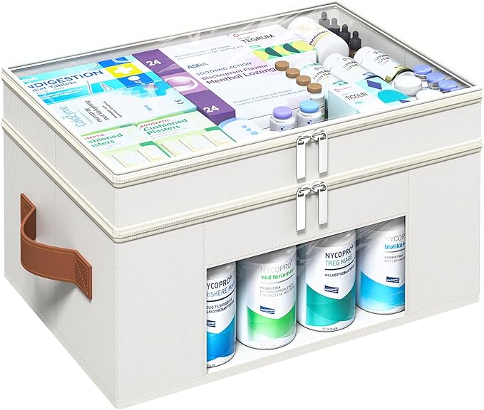 Medicine Organizer for Cabinet, 2-Tier Foldable Medicine Storage Box with Clear Cover and Leather Handle, Empty First Aid Kit