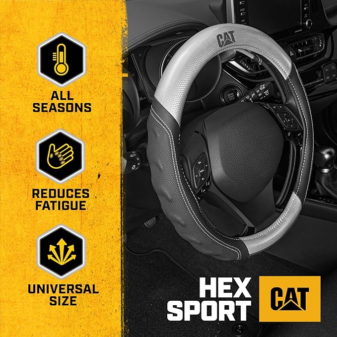 Cat® HexSport Gray Carbon Fiber Steering Wheel Cover, Standard 15 inch Size, Durable and Comfortable with Advanced Grip, Car Steering Wheel Cover for Auto Truck Van SUV
