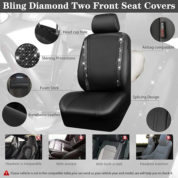 CAR PASS Bling Diamonds Car Seat Covers Front Seats Black Leather Shining Rhinestone Car Floor Mats Carpet with Anti-Slip Nib