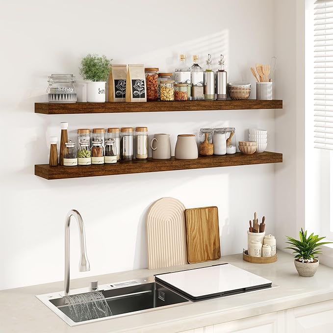 Fun Memories Floating Shelves for Wall, 55Inch Floating Shelves Set of 2, Hanging Shelf with Invisible Brackets, Wood Shelves
