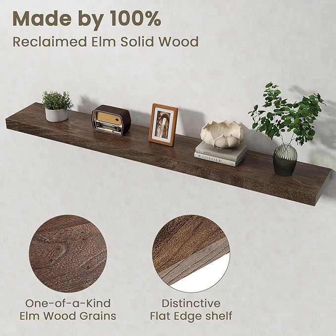 Fun Memories Solid Elm Wood Floating Shelves Set of 1-55 Inch Rustic Wall Shelves with Heavy-Duty Invisible Brackets - for Li