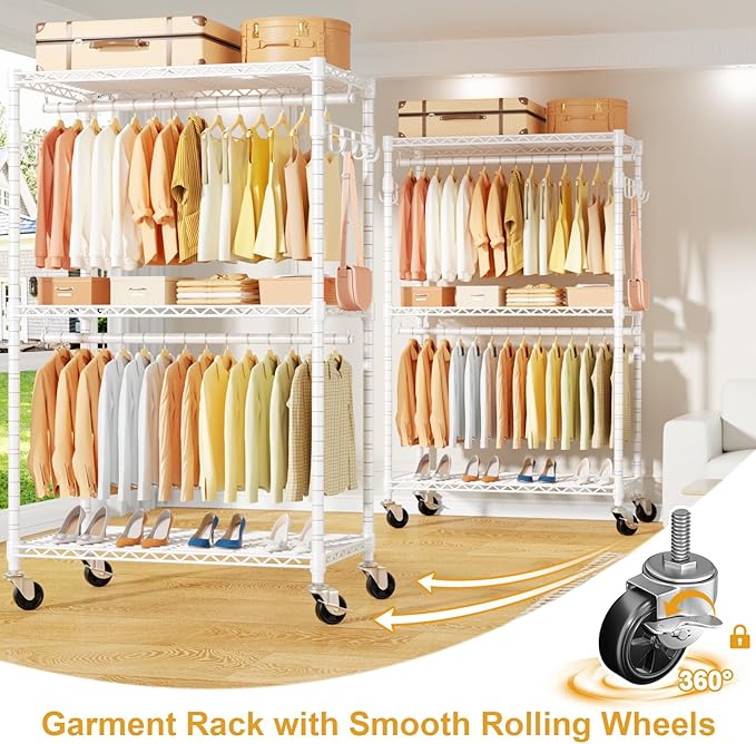 ULIFHOME P1 Rolling Clothes Rack Heavy Duty, Metal Closet Clothing Rack with Lockable Wheels, Portable Wardrobe Closet for Ha