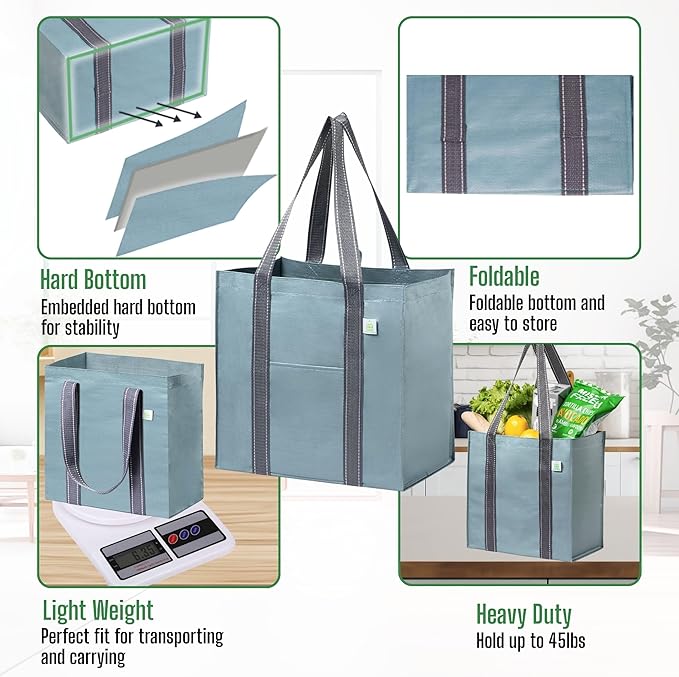 VENO 2-4 Pack Reusable Grocery shopping Bags, Medium Tote Bag w/Handle Hard Bottom, Heavy Duty, Foldable Carrier