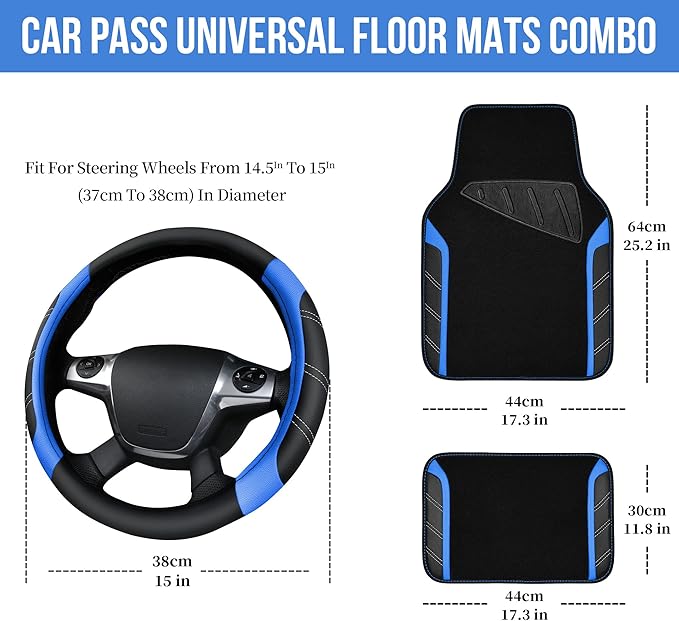 CAR PASS Leather Steering Wheel Cover and Waterproof Car Floor Mats,Microfiber Universal Car Combo Fit for 95% Sedan,SUV,Cars