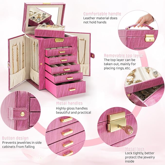 AKOZLIN 6-Tier Jewelry Box Lockable Leather Jewelry Storage Case with 5 Drawers for Women Girls Ring Necklace Earring Bracele