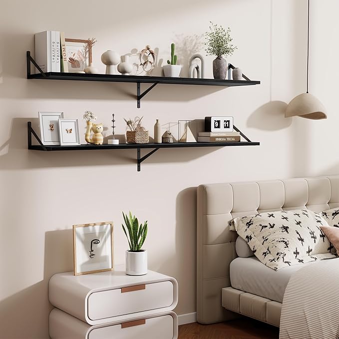 Deep Floating Shelves,55" Wx10 D Wood Wall Shelves Set of 2,Long Wood Floating Shelf with Metal Brackets,Floating Bookshelf f
