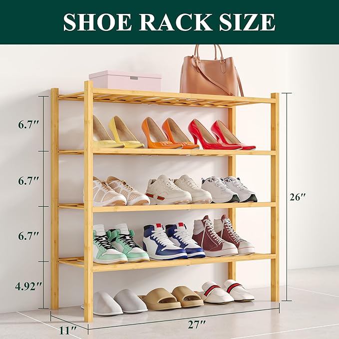 Smiry Shoe Rack, 4 Tier Bamboo Shoe Organizer, Stackable Free Standing Wooden Shoe Storage Shelf for Closet, Entryway, Front 