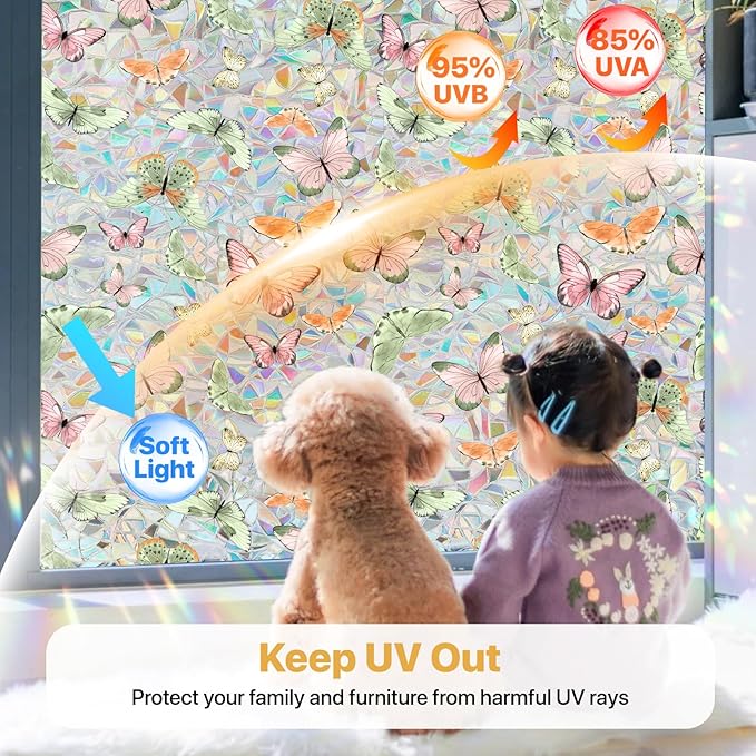 Butterfly Stained Glass Privacy Window Film Decorative, Summer Rainbow Window Stickers Sunroof Decal for Car Glass Door Moonroof Heat Control Non-Adhesive, 16.9" x 39.4"