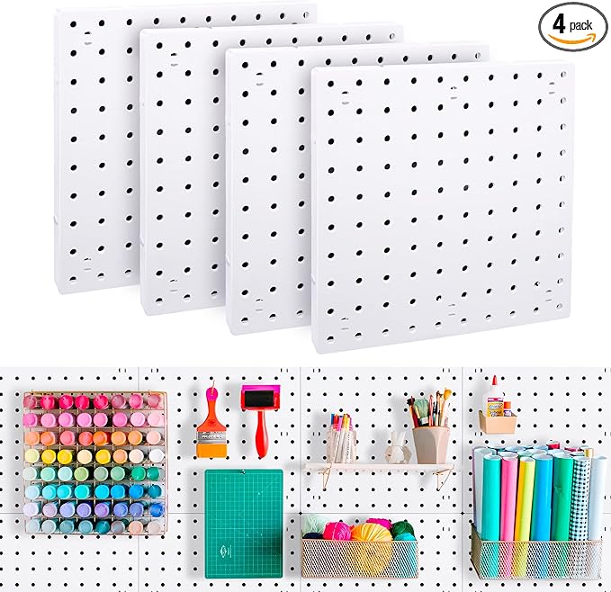 4Pcs Peg Board Panels, White ABS Pegboard Wall Mount, Easy Installation for Craft Room, Garage, Kitchen, Workshop