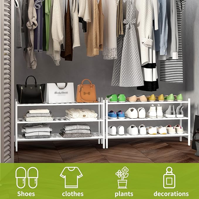 BMOSU 3-Tier Bamboo Extended Shoe Rack Premium Stackable Shoe Shelf Storage Organizer for Hallway Closet Living Room Entryway