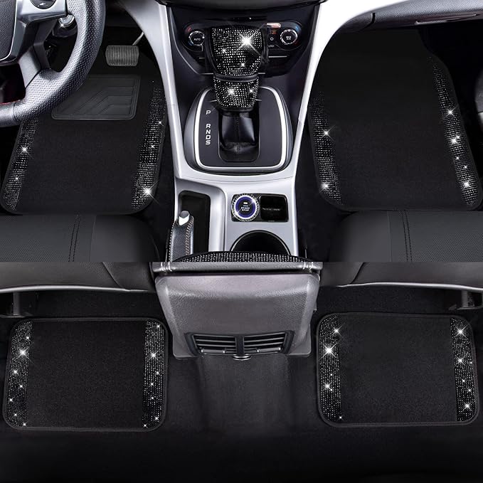 CAR PASS Bling Diamonds Car Seat Covers Front Seats Black Leather Shining Rhinestone Car Floor Mats Carpet with Anti-Slip Nib