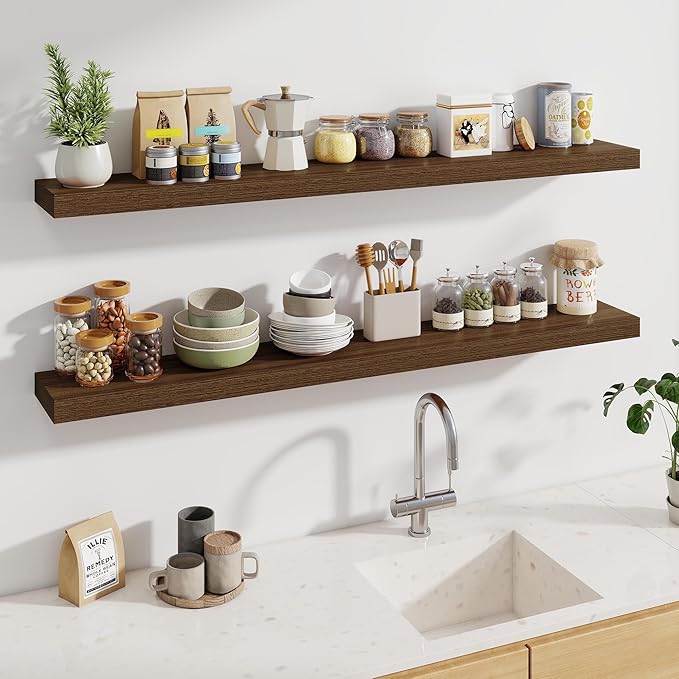 Fun Memories 60 Inch Fireplace Mantel - Long Floating Shelf, Wall Mounted Farmhouse Display with Invisible Heavy Duty Metal B