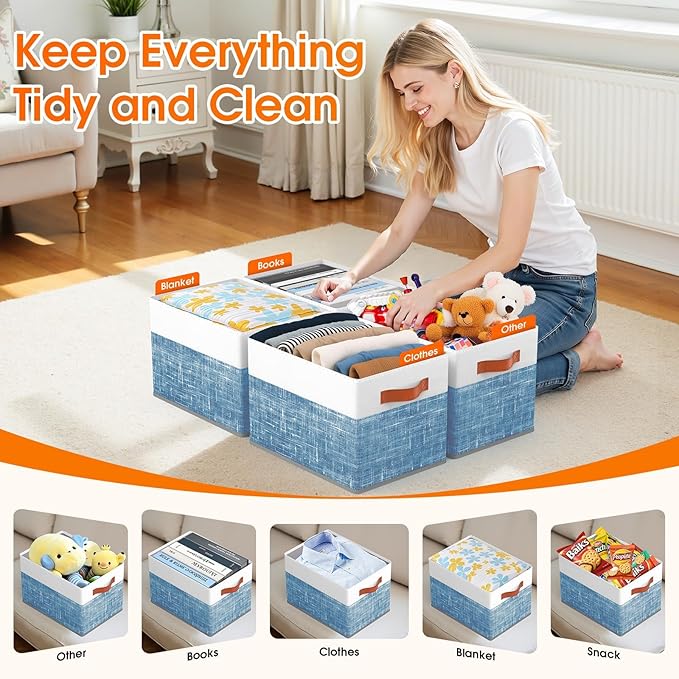 Fab totes Collapsible Storage Baskets for Shelves,14"x10", 8 Pack Foldable Fabric Storage Bins with Double Leather Handles, L