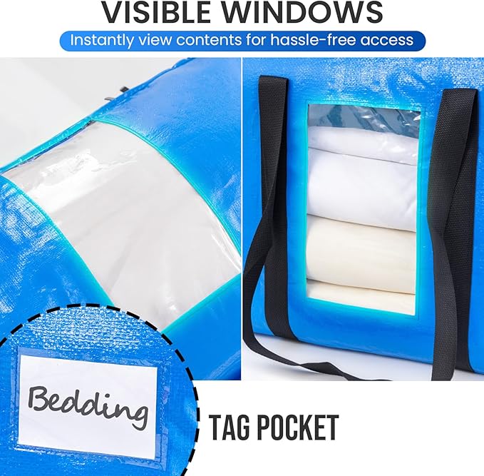 TAILI 2 Tier Extra Large Moving Bags, 2 Pack Blue Heavy Duty Totes for Storage with Visible Window, Wrap Around Handles, Stor