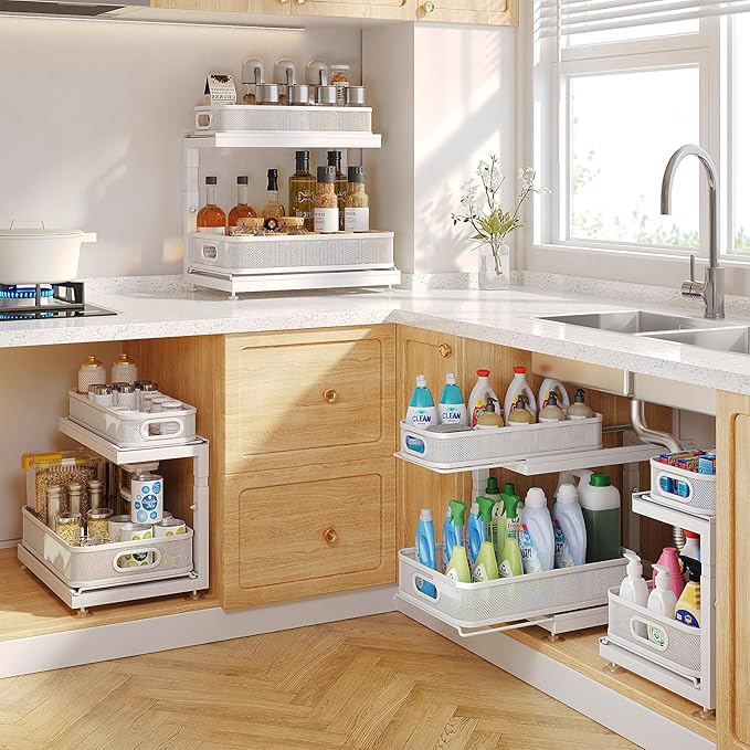 2-Pack Under Sink Storage Organizer with 2-Tier Slide Out Drawer, Sophisticated Mesh Pull Out Shelf for Kitchen & Bathroom, F