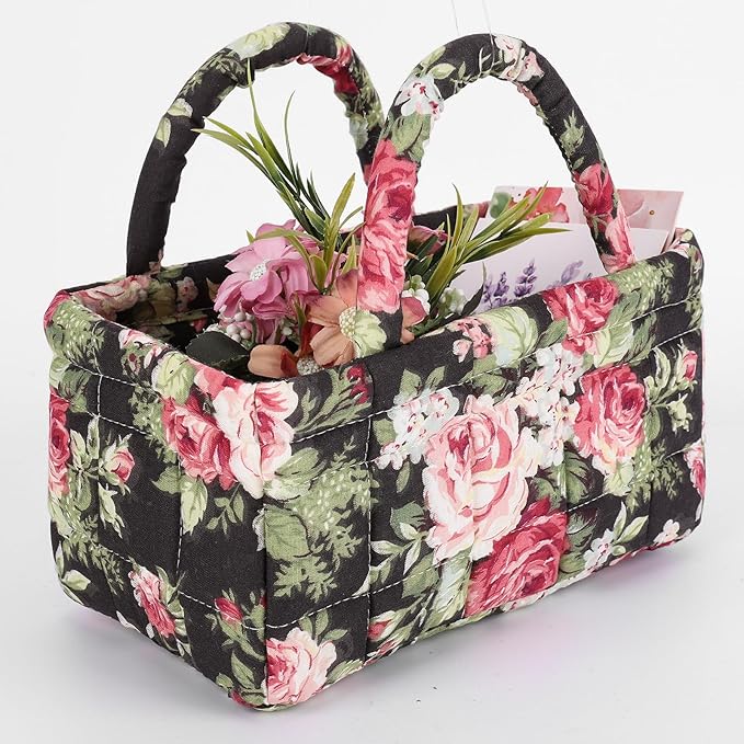 Small Storage Basket Organizer, Mini Fabric Floral Storage Baskets with Handle, Quilted Portable Collapsible Storage (L)