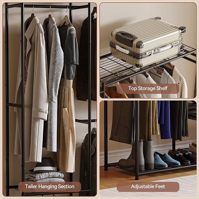 Portable Wardrobe Closet, Clothes Rack for Bedroom with Hanging Area and Storage Shelves, Tall Freestanding Clothes Organizer