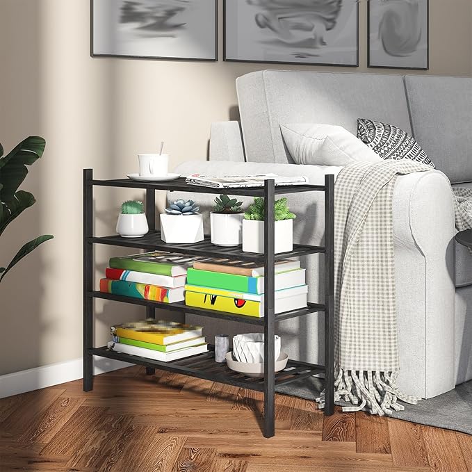 4-Tier Bamboo Shoe Rack for Entryway, Stackable | Heavy Duty | Multi-Function, Free Standing Shoe Racks for Bedroom Hallway C
