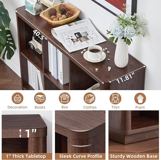 Joaxswe 9 Cube Bookshelf, 40.5" Wide Organizer Bookcase with Curved Edge, Wood Floor Standing 3-Tier Cubby Book Shelf with Ba
