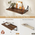 Deep Floating Shelves Wall Mounted, 24"x12" Walnut Wall Shelves with Brackets Set of 2 for Bedroom, Living Room, Bathroom, Ki
