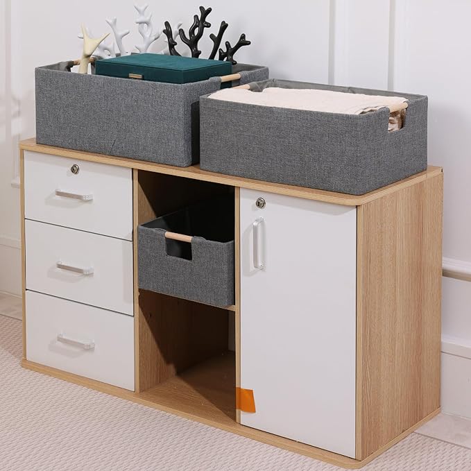 ANMINY 2PCS Storage Baskets for Organizing Collapsible Fabric Storage Bins Boxes with Wood Handles Closet Shelves Cube Organi