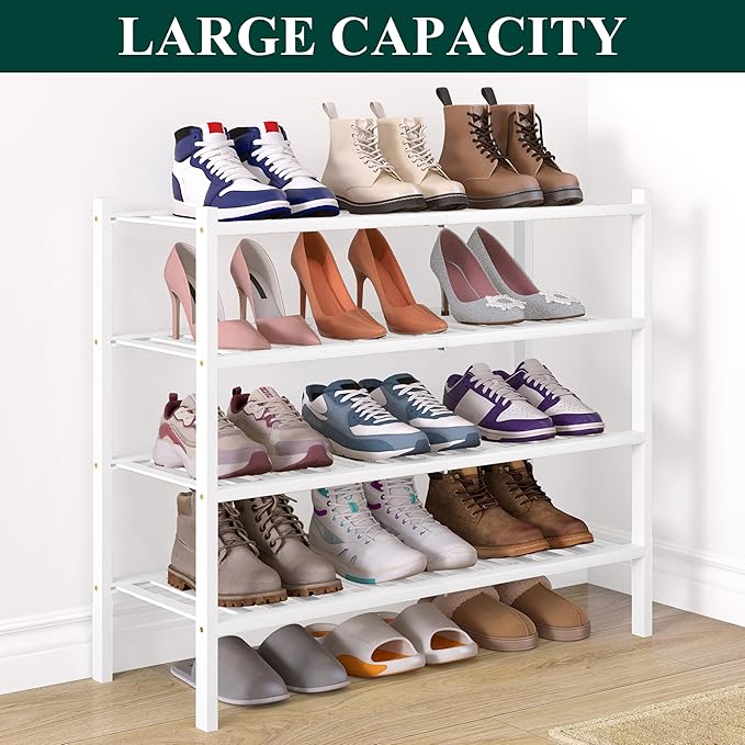 Smiry Bamboo Shoe Rack for Closet, 4 Tier Wooden Stackable Shoe Organizer, Free Standing Shoes Storage Shelf for Entryway, Fr