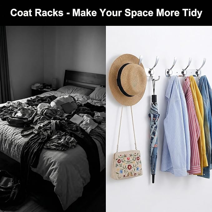 Stainless Steel Wall Hooks for Clothes, Multifunctional Towel Hat Rack Organizer, Wall Mounted Coat Rack Durable Hangers for 
