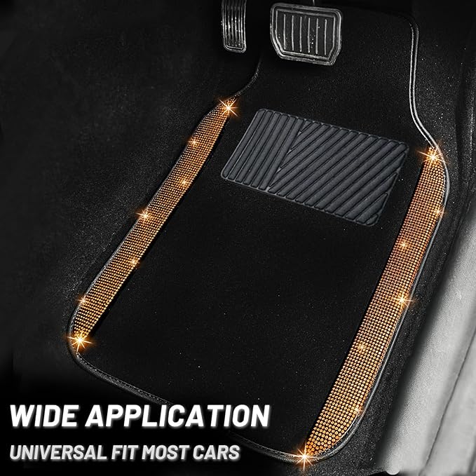 NBTEPEM Bling Car Floor Mats Full Set and Steering Wheel Cover, Universal Fit Most Cars, 4 pcs Sparkle Glitter Diamond Carpet, 5 pcs Bling Car Accessories Set for Women (Orange Diamond)