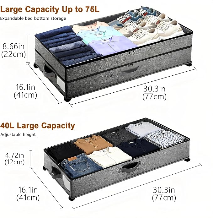 Under Bed Storage with Wheels, 2 Pack 75L Underbed Large Storage Bins with Lid, Adjustable Rolling Storage Containers for Clo