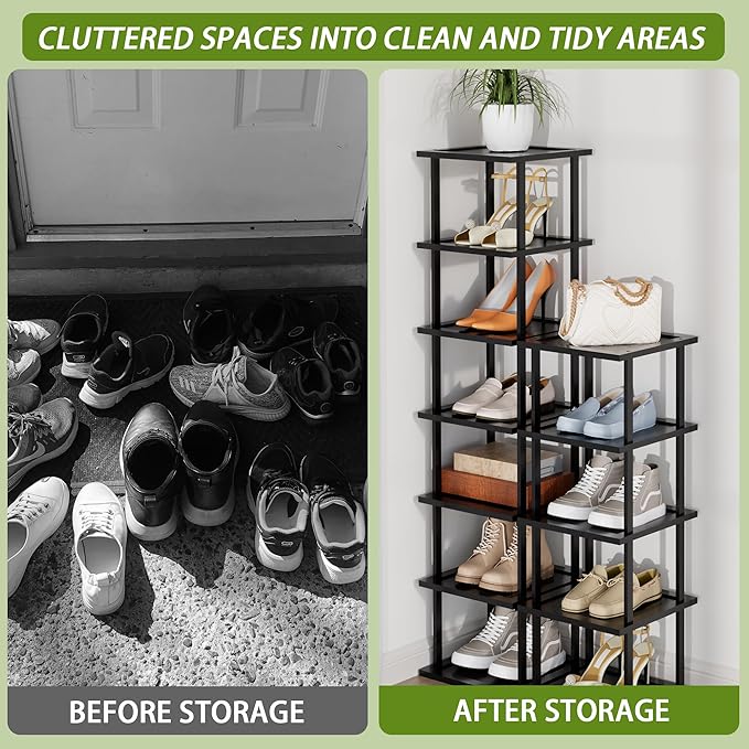 Vertical Tall Shoe Rack Organizer for Entryway -12 Tier Free Standing Slim Narrow Bamboo Wood Corner Stackable Shoe Boots Sto