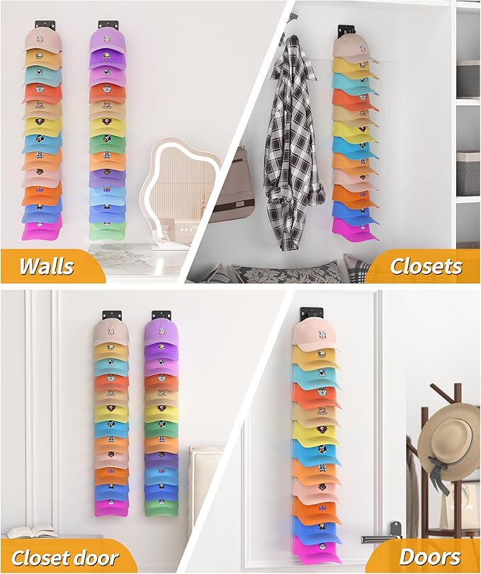 Hat Organizer for Baseball Caps, 2 Packs Hat Rack, Baseball Cap Organizer With Strong Adhesive/Wall Drilled for up to 24 Hats