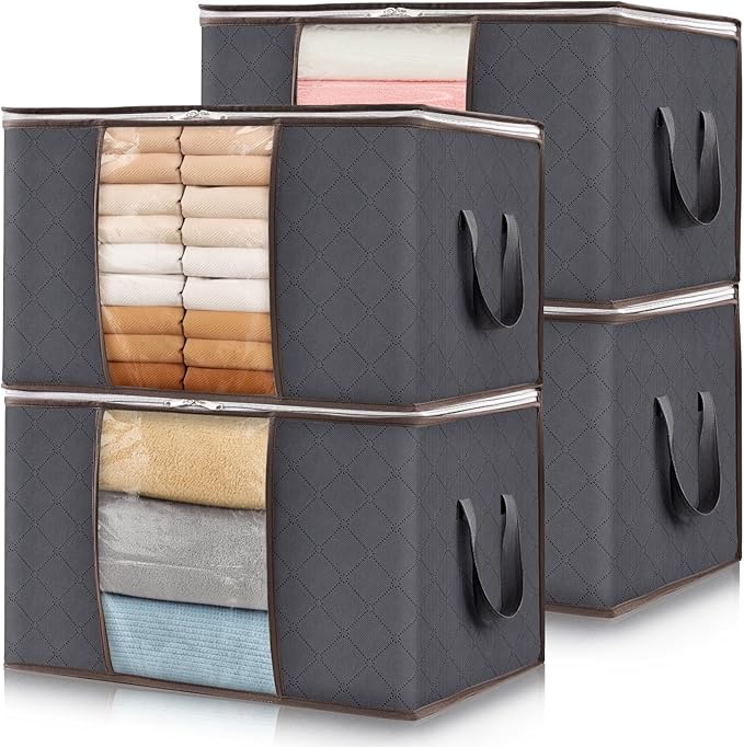 Lifewit 4 Pack 60L Clothes Storage Bins with Lids, Foldable Blanket Storage Bags with Zippers, Clear Window and Reinforced Ha