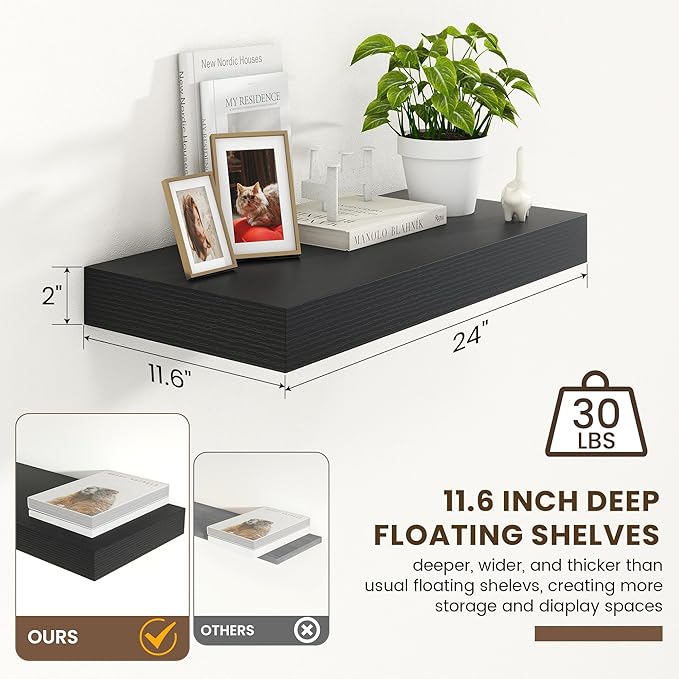 12 Inch Deep Floating Shelves | 24 Inch Black Floating Shelves | 24W x 12D Rustic Black Wall Shelves | Deep Shelves for Livin