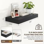 12 Inch Deep Floating Shelves | 24 Inch Black Floating Shelves | 24W x 12D Rustic Black Wall Shelves | Deep Shelves for Livin