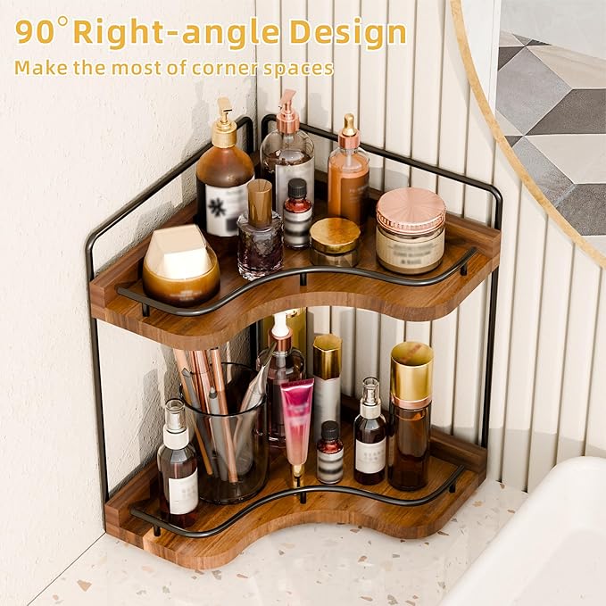 2-Tier Corner Bathroom Counter Organizer with Embedded Screw Holes, Secure & Stable Wood Vanity Shelf for Makeup and Skincare