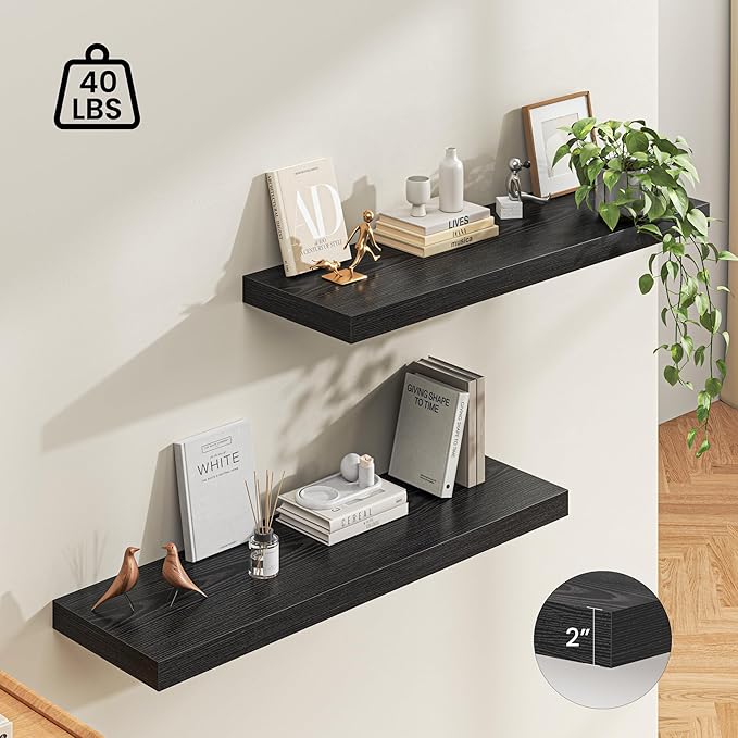 Dreamland 48" Floating Shelves for Wall, 12" Deep Thicker Black Floating Shelves, Wall-Mounted Shelves for Bedroom, Living Ro