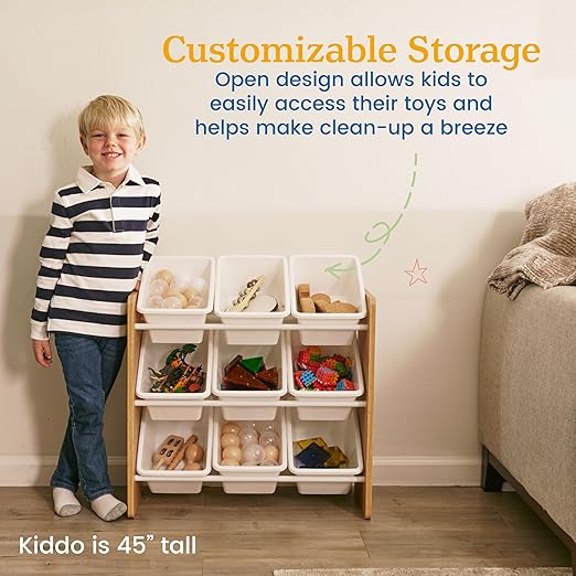ECR4Kids 3-Tier Organizer with 9 Removable Plastic Bins, 3x3, Toy Storage, Dark Natural/White