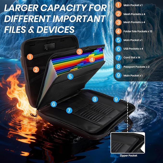Fireproof Document Box, Hard Case Fireproof File Organizer Box with Lock and 13 Pocket Accordion File Folder, Portable Safe B